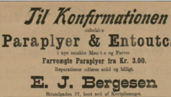  Annonse for paraplyer og Entoucas i BT 23 mars 1893. Skjermbilde fra Nasjonalbibliotekets digitale arkiv.