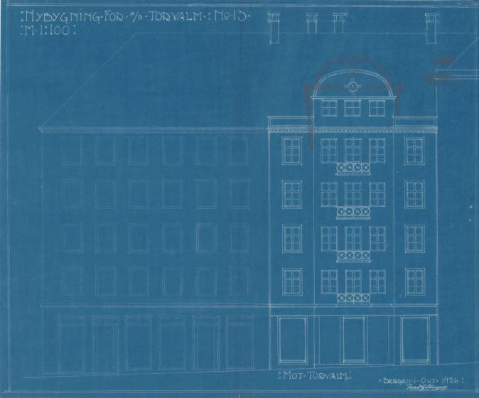 Tegning av Torgallmenningen 13. Arkitekt Fredrik G. Meyer. Ferdigstilt i 1926. Arkivet etter Bygningssjefen i Bergen.