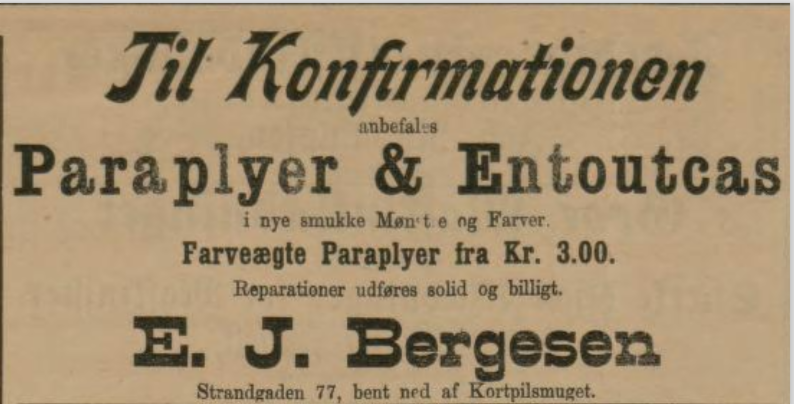  Annonse for paraplyer og Entoucas i BT 23 mars 1893. Skjermbilde fra Nasjonalbibliotekets digitale arkiv