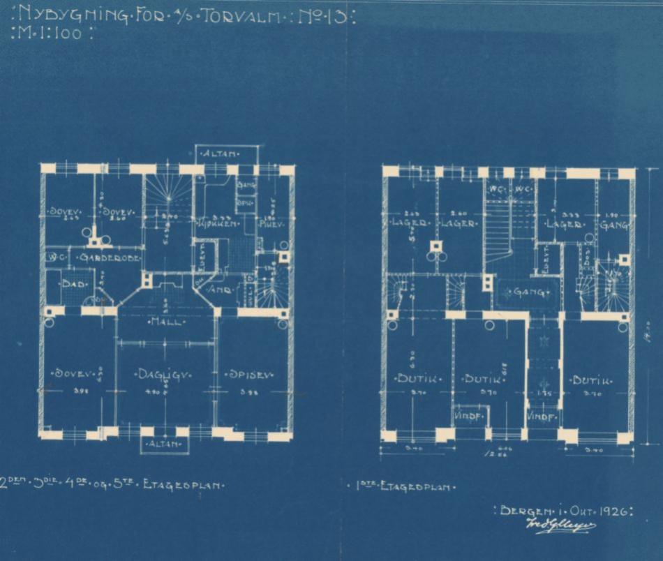 Plantegninger over butikklokalene i 1.etg. Arkivet etter Bygningssjefen i Bergen.