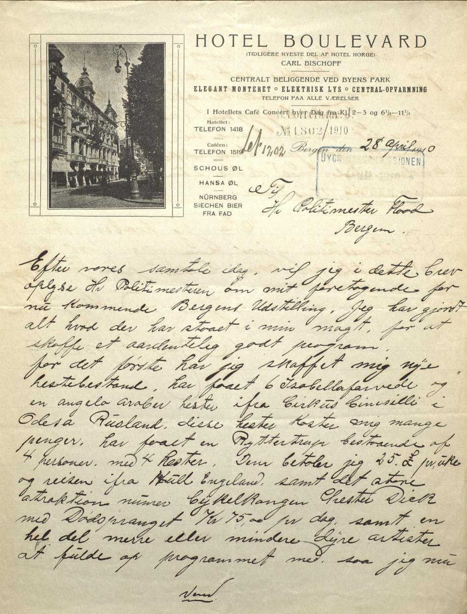 Brev fra Karl Norbeck til politimesteren i Bergen, skrevet på brevpapir fra Hotel Boulevard i Bergen, april 1910. Arkivet etter Bygningssjefen i Bergen, A-0430.
