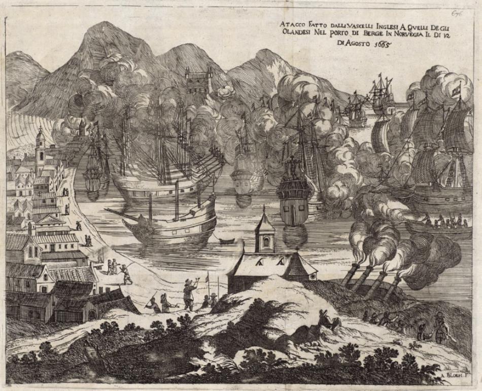 Kobberstikk av Arnold Bloem som viser slaget på Vågen i Bergen 2. august 1665. 