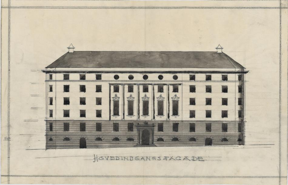 Konkurranseutkast ved arkitektene Arne og Ole Halvorsen, kalt "Rex Popolo". Et stilrent bygg i nyklassisistisk stil som aldri ble oppført. I programmet for arkitektkonkurransen ble de økonomiske aspektene fremhevet, så vel som at fasaden skulle stå for en våt bergensvinter. Fra arkivet etter arkitektene Arne og Ole Halvorsen, Bergen Byarkiv.