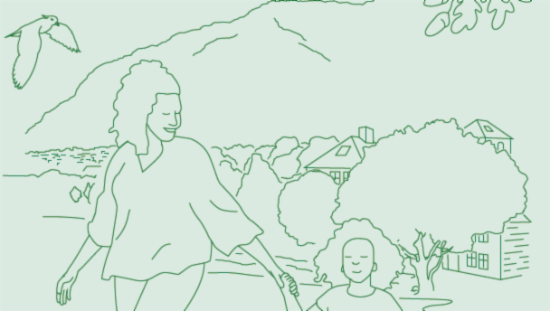 Utsnitt av dokumentforsiden. Illustrasjon av en dame og jente som går hånd i hånd langs ett vann. Svane og svaneunger i vannet, trær og hus i bakgrunnen. 