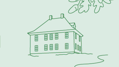 Utsnitt av forsiden til rapporten Blågrønn faktor. Illustrasjon av ett hus, løv og nøtter fra et eiketre og en bekk, 