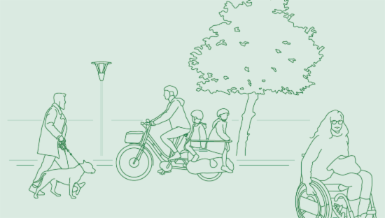 Utsnitt fra rapporten Universell utforming på gang- og turveinettet i Bergen kommune. Illustrasjon av en blind mann med førerhund, en el-syklisk med to barn på baksetet og en dame i rullestol. 