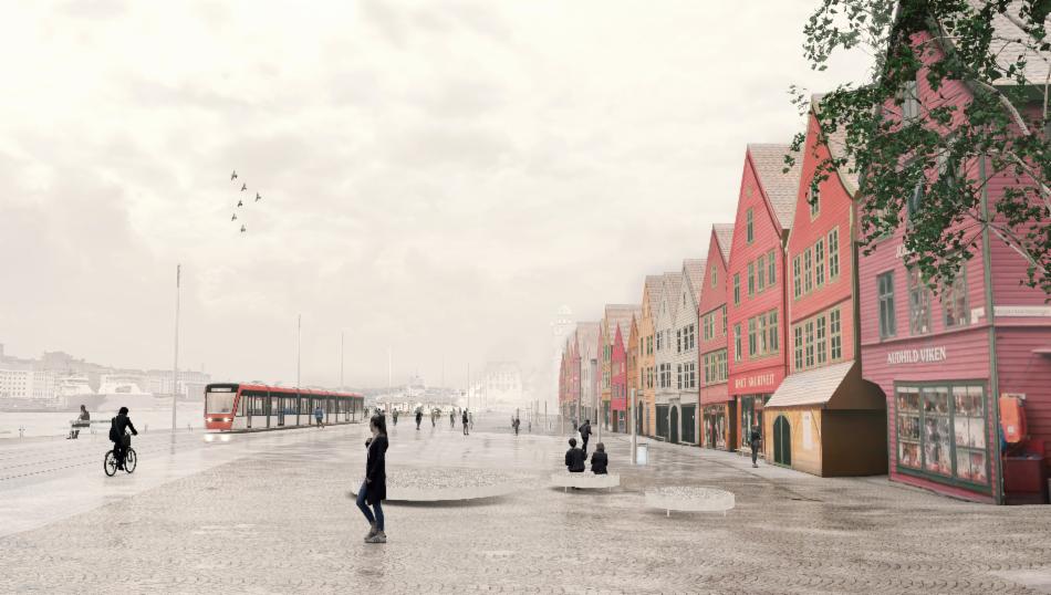 Illustrasjon med bybane, syklist og mennesker langs Bryggen