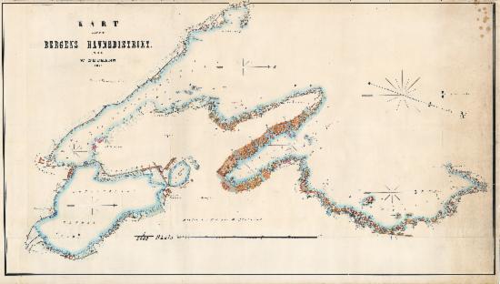 Kart over Bergens havnedistrikt 1871. Tegnet av W. Neumann.