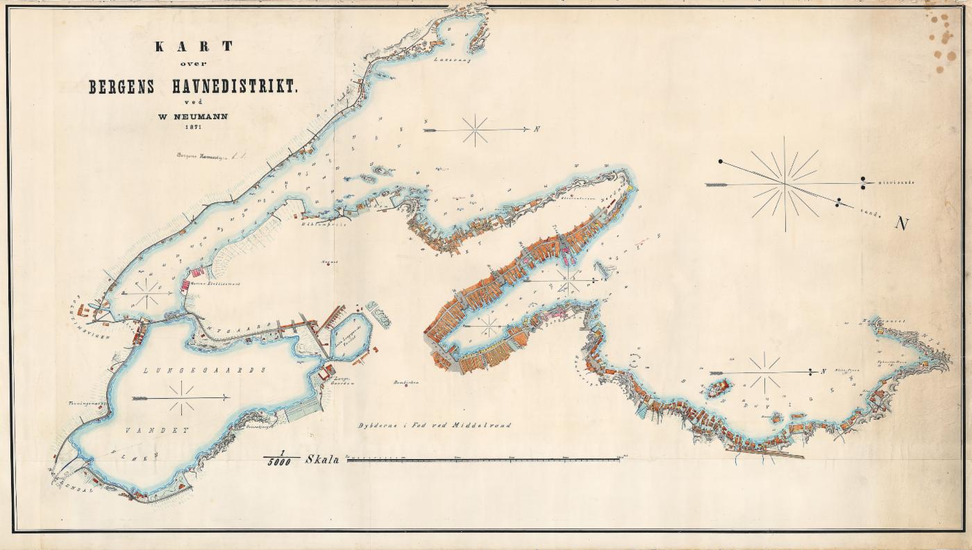 Kart over Bergens havnedistrikt 1871. Tegnet av W. Neumann.