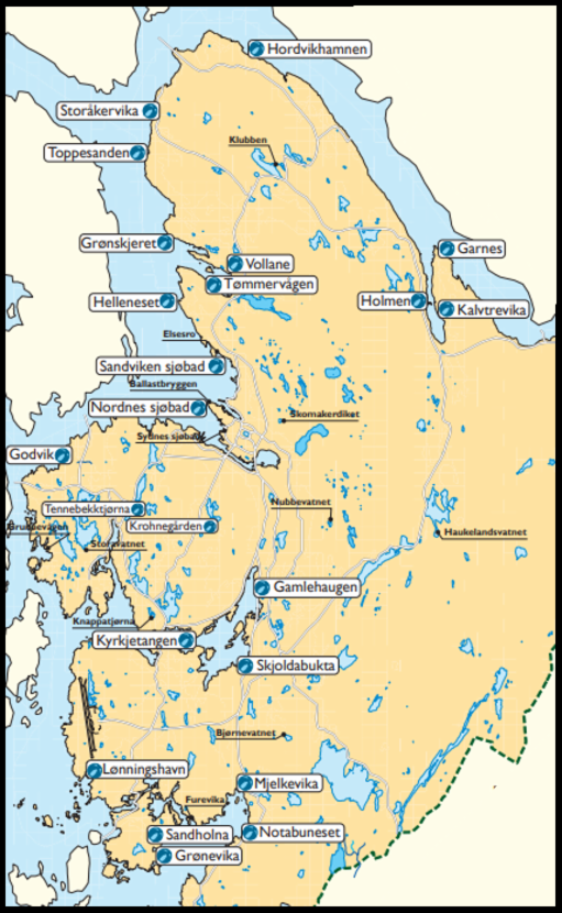 Kart over offentlig tilrettelagte badeplasser i Bergen