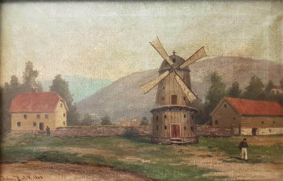 Maleri av Julius Holck, 1908, som viser vindmøllen på Sydneshaugen. Maleriet skal være laget etter en blyanttegning fra 1860. Arkivet Maleri- og tegningssamling fra Bergen rådhus.