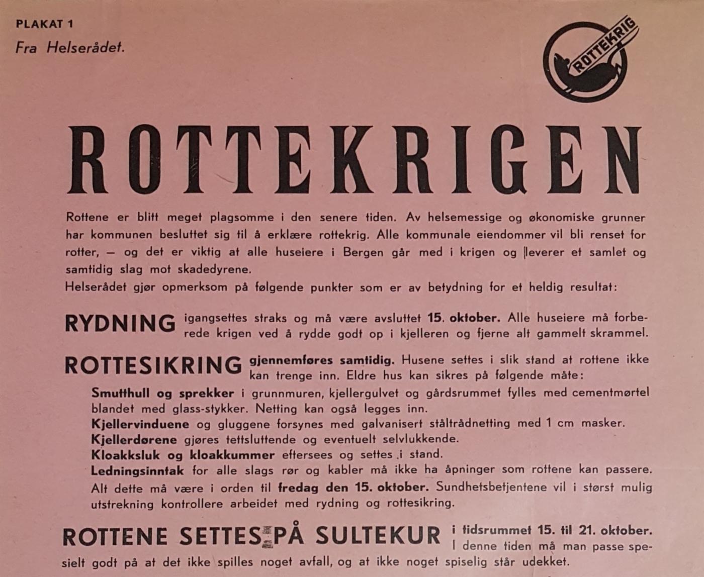 Plakat om rottekrigen fra Bergen helseråd. 