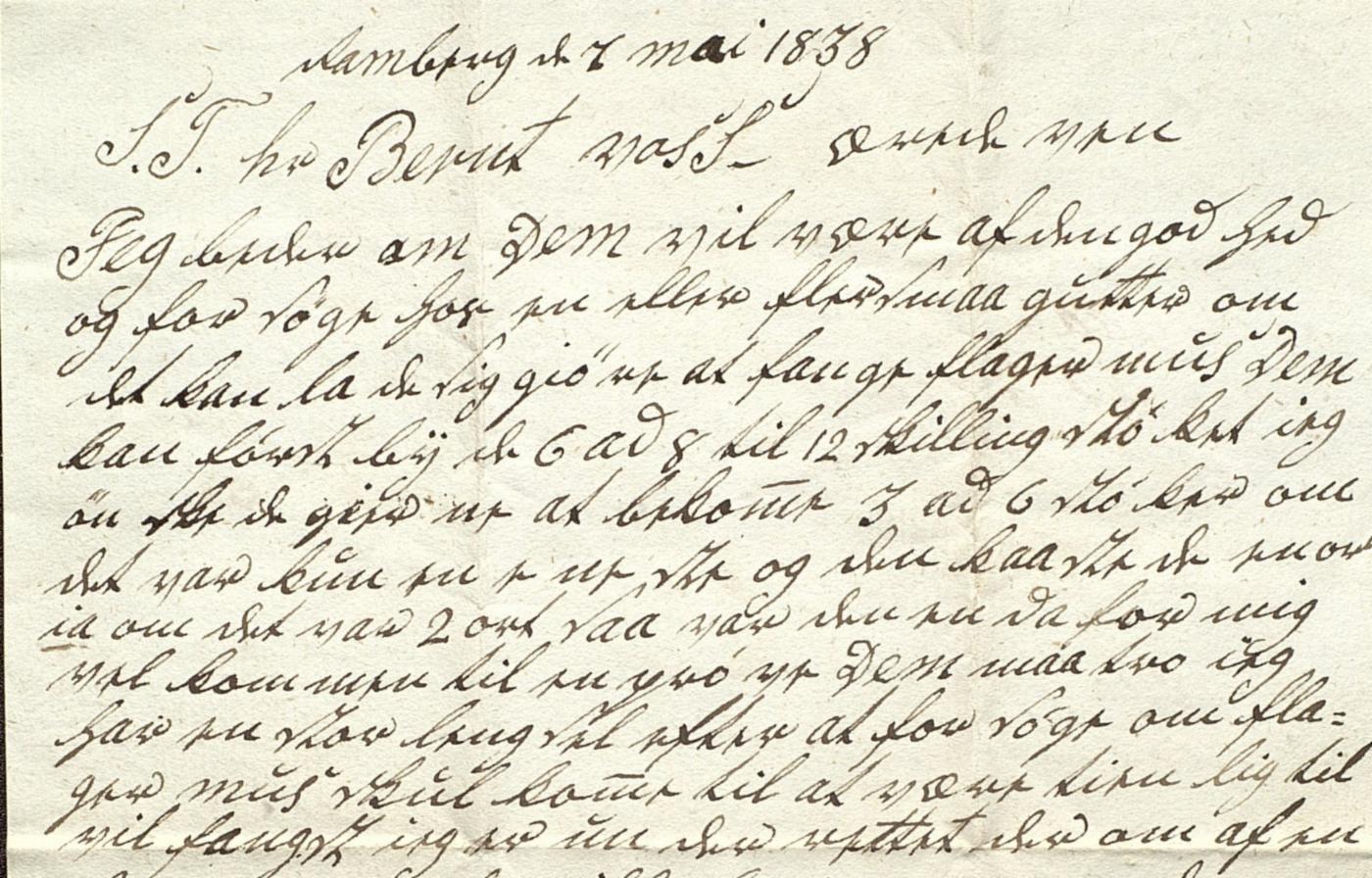 Utsnitt av brev fra Ole Christensen til nordlandshandler Georg Voss, 7. mai 1838.