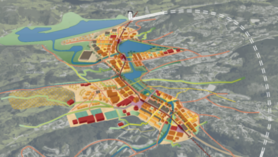 Kompakt byutvikling med blågrønne kvaliteter. Illustrasjonskisse for en visjon for Åsane sentrale deler i 2050.
