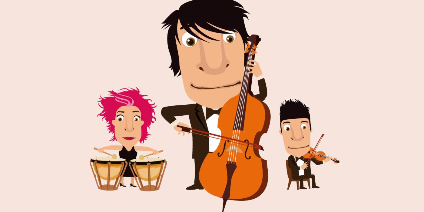 En tegning av tre mennesker som spiller instrument. 