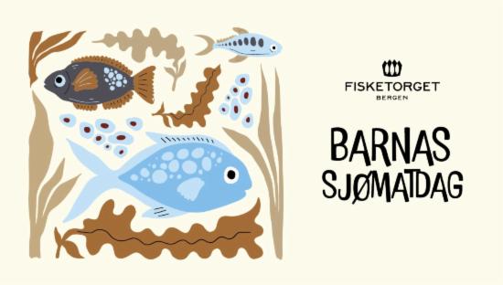 Plakat for Barnas sjømatdag med tegninger av fisk og havtema. 