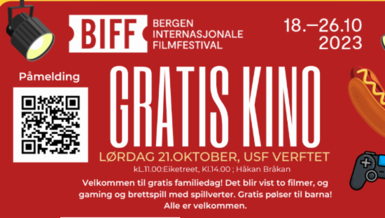 Informasjonsplakat fra BIFF om gratis kino for barnefamilier på USF Verftet lørdag 21.10 kl. 14.00