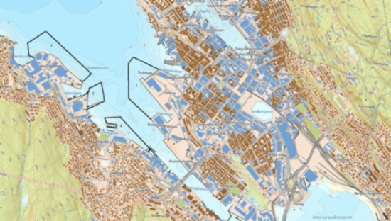 Kartillustrasjon som viser hvor utfylling i sjø i Puddefjorden er tenkt.