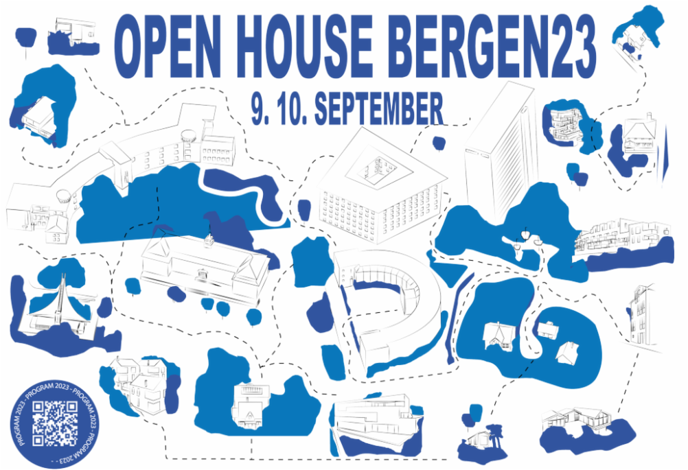 Logo Open House, blå og hvit med kart over by og hus