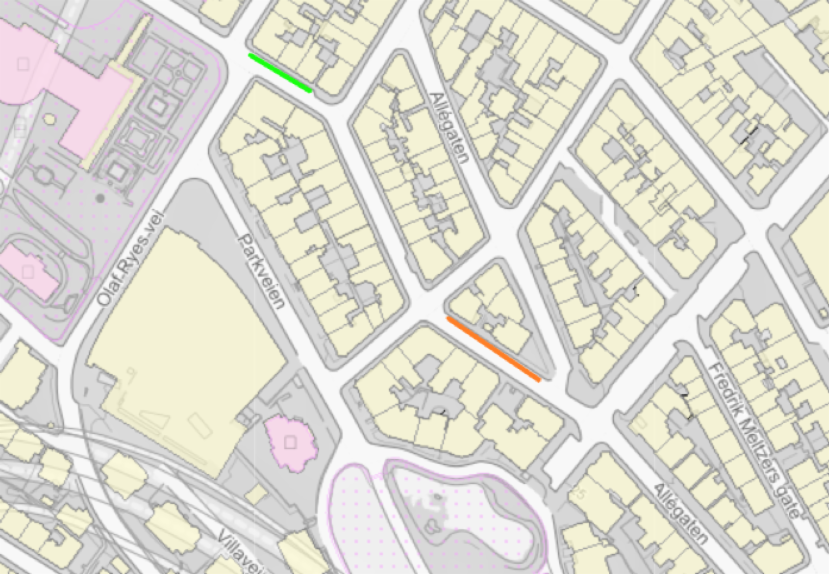 Linjer som viser hvor gateparkeringer fjernes og flyttes på Nygårdshøyden.