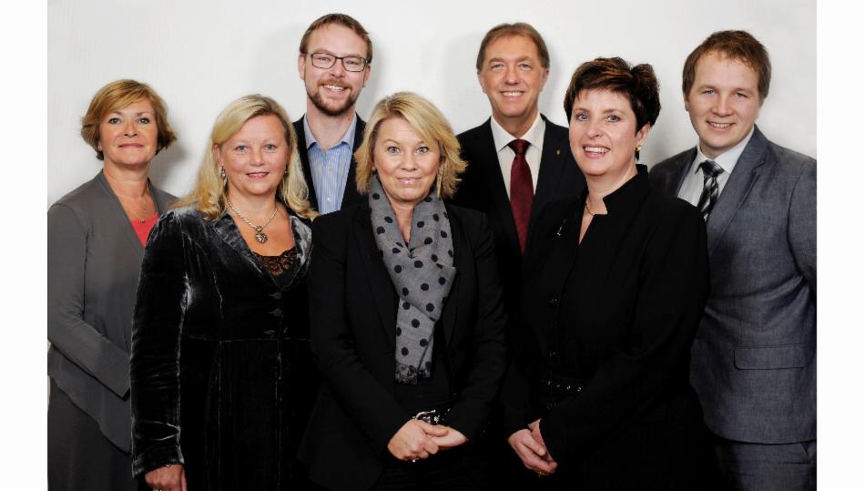 Byrådet Mæland III, fra venstre Hilde Onarheim, Lisbeth Iversen, Harald Victor Hove, Monica Mæland, Gunnar Bakke, Liv Røssland og Filip Rygg