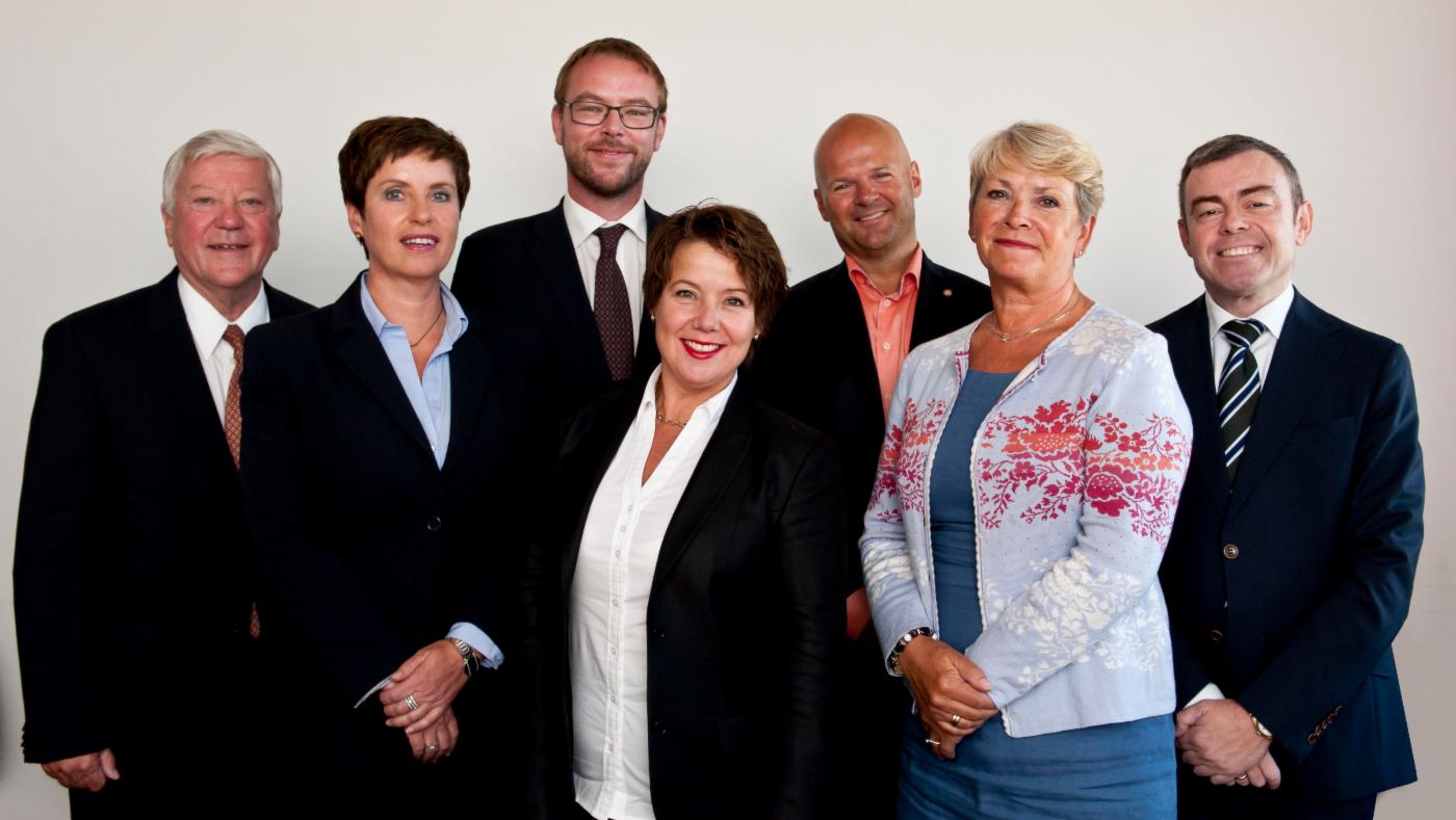 Fra venstre; Eiler Macody Lund, Liv Røssland, Harald Victor Hove; Ragnhild Stolt-Nielsen, Helge Stormoen, Hilde Onarheim og Henning Warloe