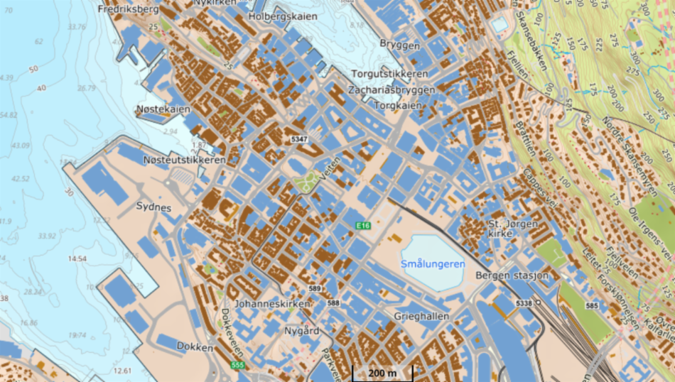 Kart over Bergen sentrum
