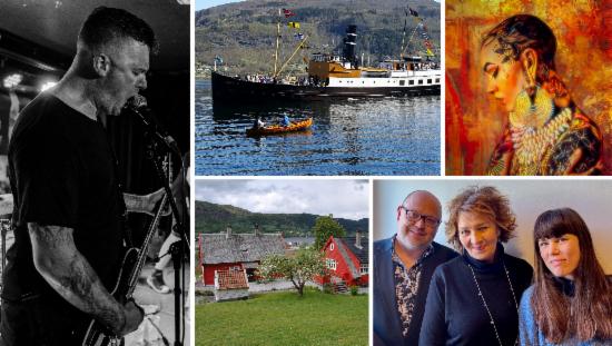 Samling av bilder med glimt fra ulike deler av programmet: en rockemusiker, et maleri, en veteranbåt, et gammelt gårdstun, og tre musikere. 
