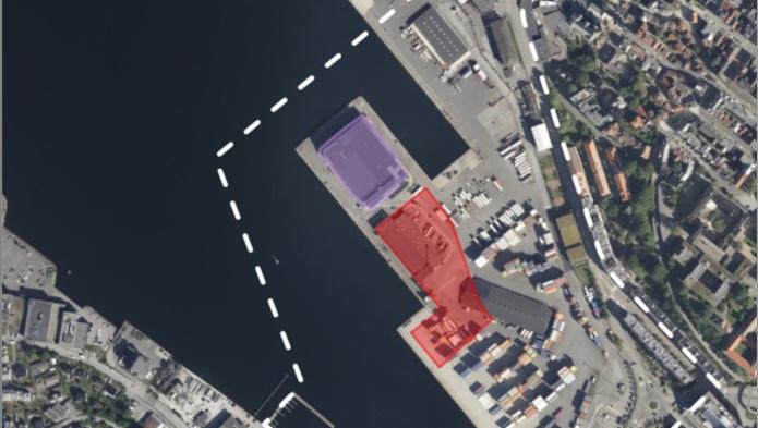 Nybygg Havforskningsinstituttet/       Fiskeridirektoratet er markert med rødt, og Havnelageret med lilla.
