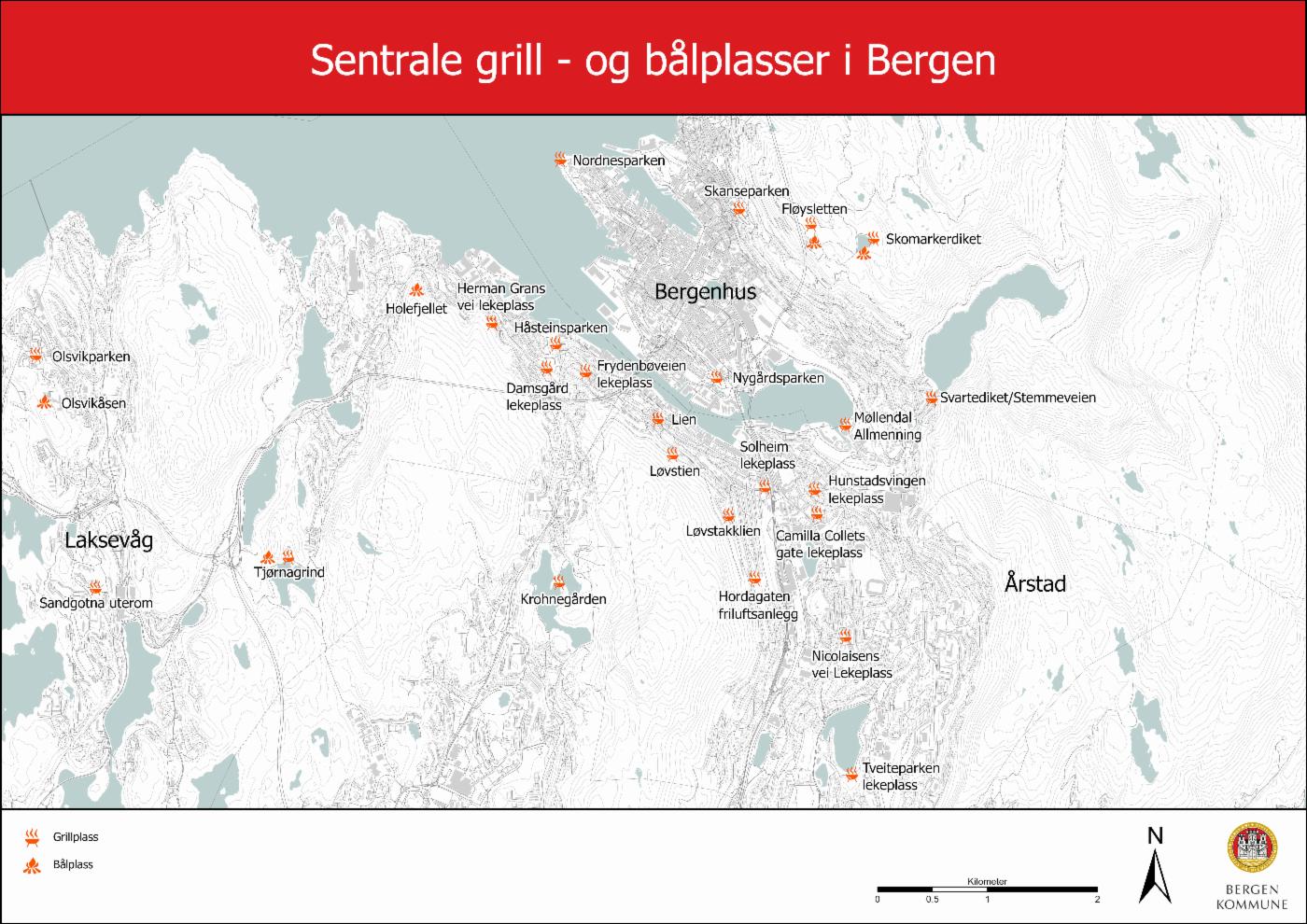 Kart med oversikt over grill- og bålplasser i Bergen kommune