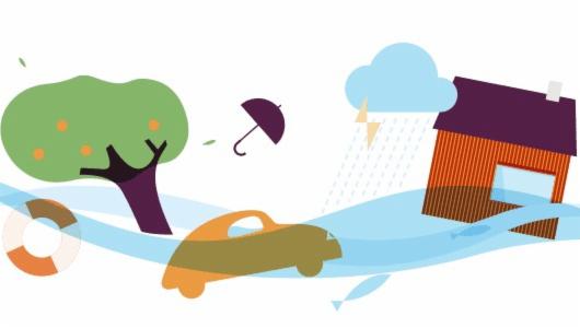 Tegning som viser  storm og flom, med et hus, et tre og en bil