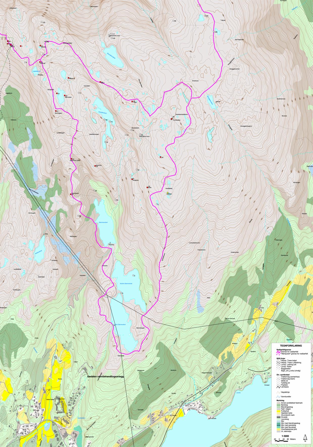 Kart som viser nedbørsfeltet til Sædalen 