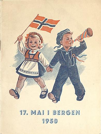 Månedens dokument fra Bergen byarkiv i mai 2009 er programbladet for 17. mai komiteen i Bergen i 1950. Forsiden vider to barn, gutt og jente som spaserer hånd i hånd. Jenta har flagg og gutten har fløyte.