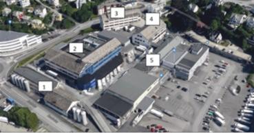 Eksisterende bebyggelse i planområdet. 1-4:  Bergensmeieriets opprinnelige bygg. 5 = Næringseiendommer