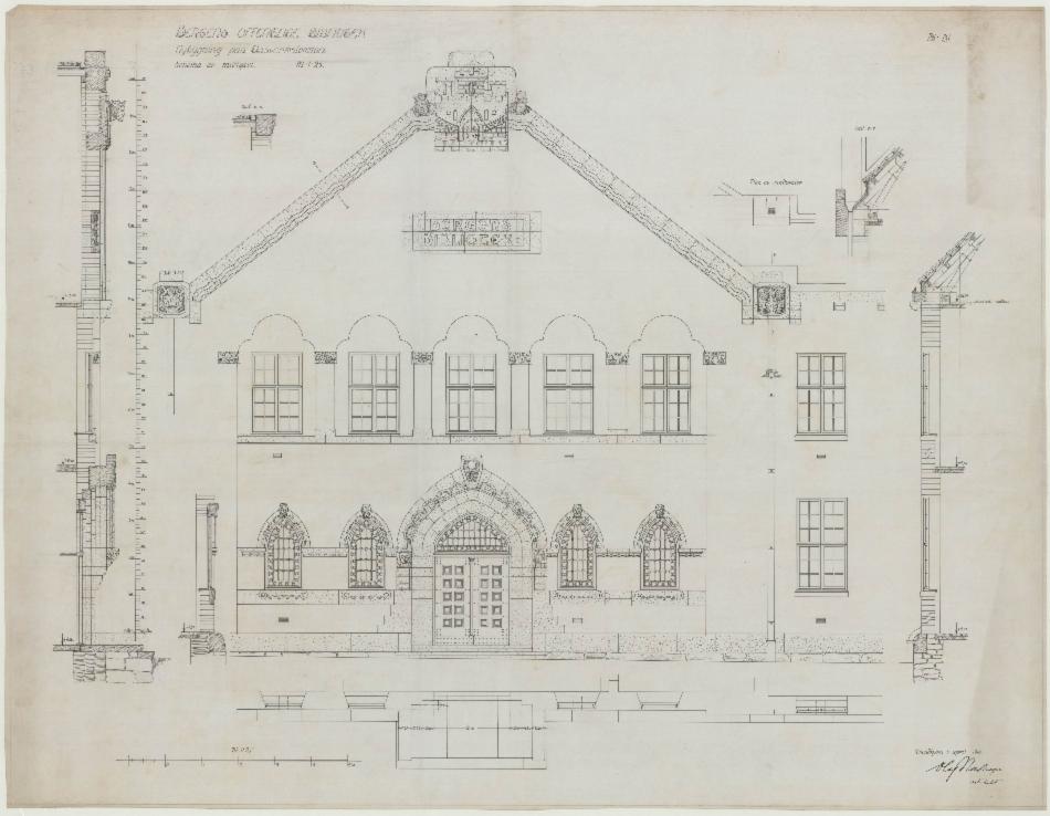 Detalj av bibliotekets hovedfasade, tegnet av arkitekt Olaf Nordhagen, 1914. Arkivet etter Byggprosjektavdelingen, A-2695, Ta:148.