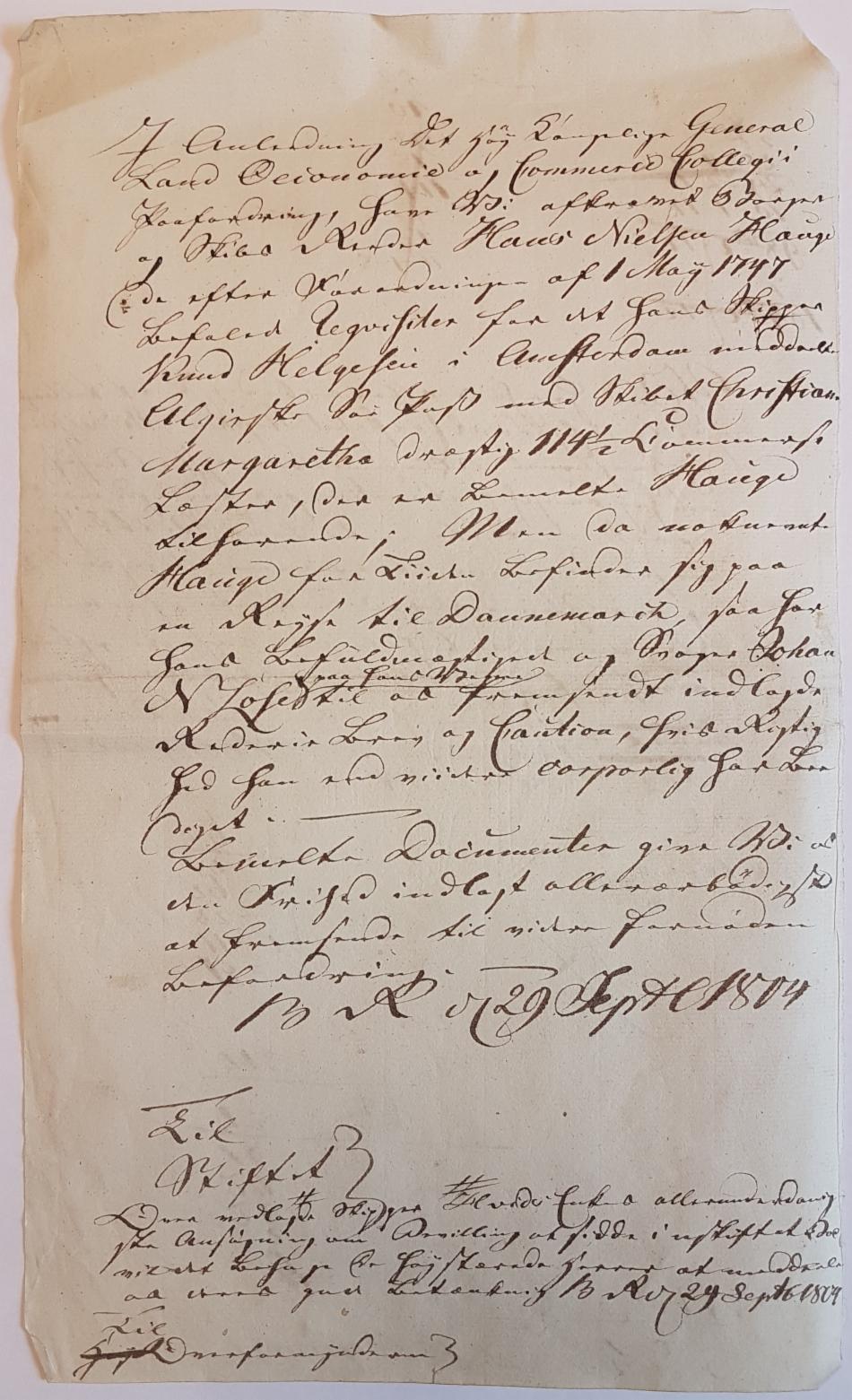 Konsept til brev fra Bergens Magistrat til stiftet om dokumenter fra Hans Nielsen Hauge, 1804.