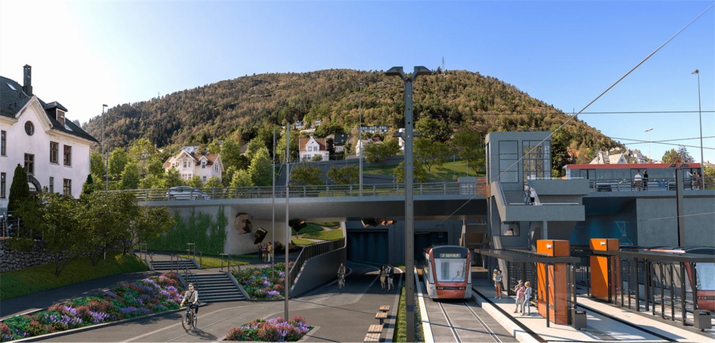 Illustrasjonsbilde av fremtidig bybanestopp på Mindemyren