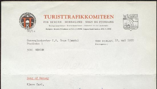 Brev fra Turisttrafikkomiteen for Bergen - Hordaland – Sogn og Fjordane vedrørende Oslopremiere på filmen «Song of Norway», datert 12. mai 1970. 