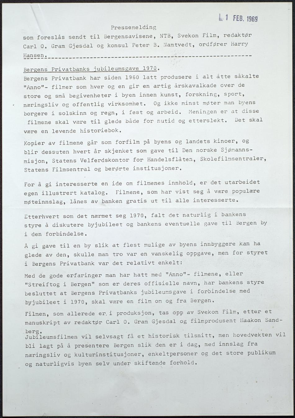 Pressemelding fra Bergens Privatbank vedrørende deres gave til byen, Svekonfilmen «Bergen – et møtested for mennesker», datert 1. februar 1969. Les hele pressemeldingen i bunnen av artikkelen.