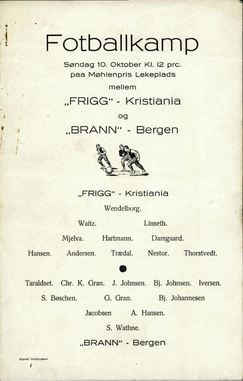 Månedens dokument for september fra fra Bergen Byarkiv er ei annonsering av en fotballkamp mellom Frigg og Bran i 1915. Flygebladet forteller om tidspunkt, lagoppstillinger og har ei tegning av tre spillere omtrent på midten. Fra arkivet etter Brann.