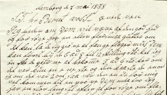 Brev fra Ole Christensen til Georg Voss, 7. mai 1838, s. 1. BBA/A-0616, Voss, Georg og Berent, nordlandshandlere, Da:3