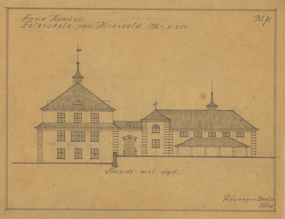 Bygningssjef Erling Ross' tegning til ny "Folkeskole paa Kirkevold", datert desember 1920. Skolen var tenkt oppført i teglstein på en tomt skolestyret hadde pekt ut på kommunens eiendom Frøisvoll.