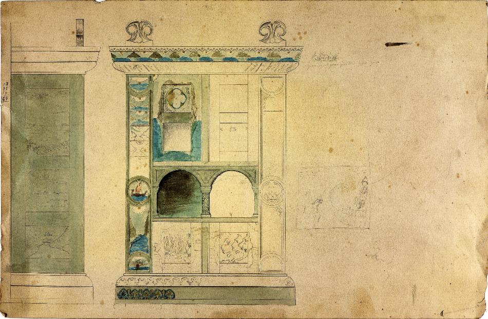 Skisse av skap i dragestil dekorert med intarsia.