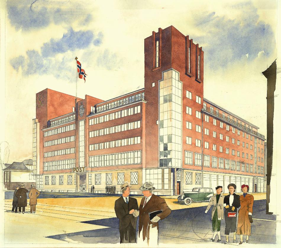 Konkurranseutkast nr. 29, kalt "Stephen", av J. Munthe Bull og postsekretær Håkon Flak, Bergen. Et dristig, monumentalt og symmetrisk bygningsanlegg med tydelig preg av Art Deco, men det nådde ikke til topps i konkurransen. Arkivet etter arkitekt Nils Holter.