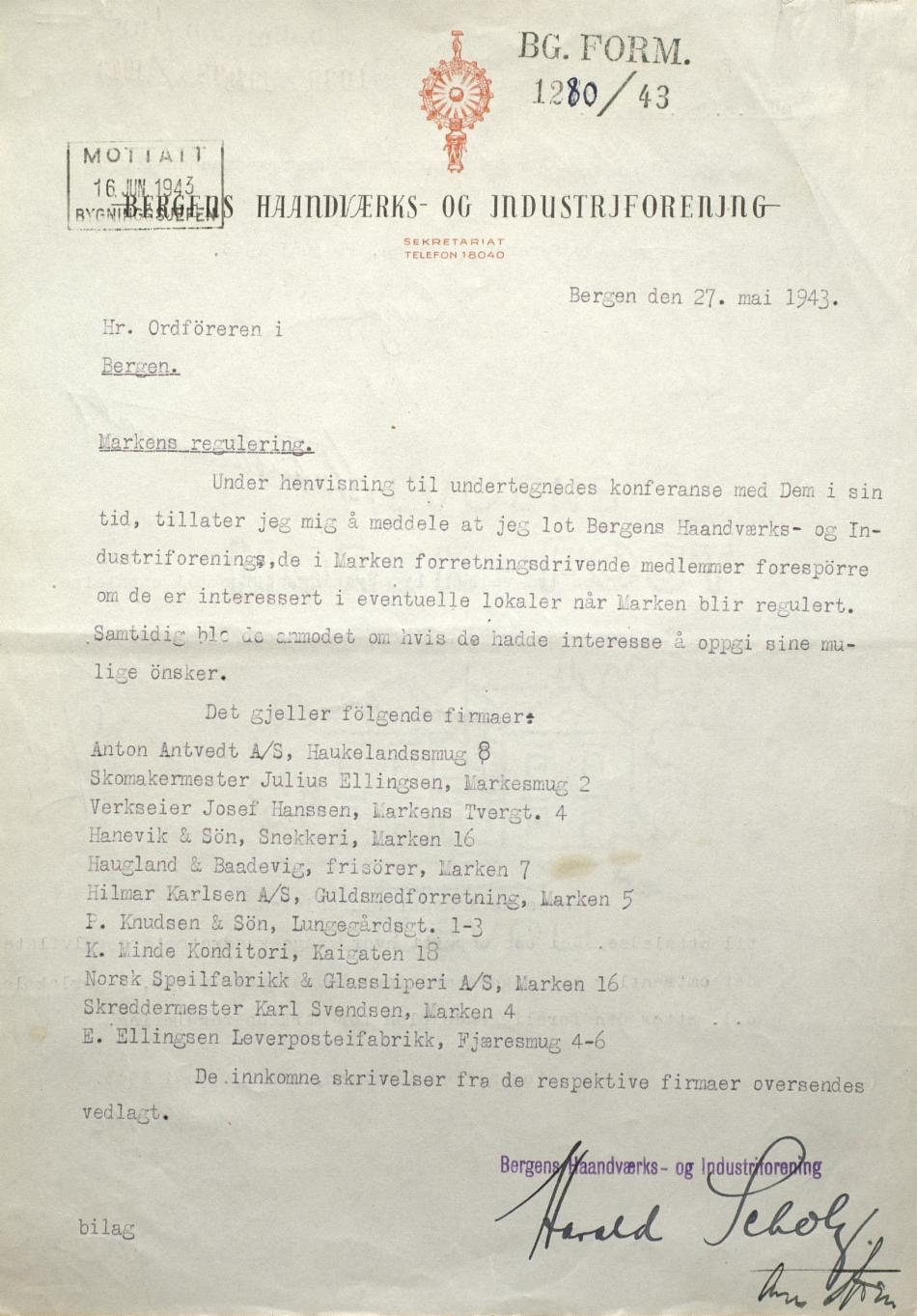 Brevet fra Bergen Håndverks- og industriforening til ordføreren, mai 1943. Arkivet etter Reguleringsvesenet i Bergen, A-0967, De:222.