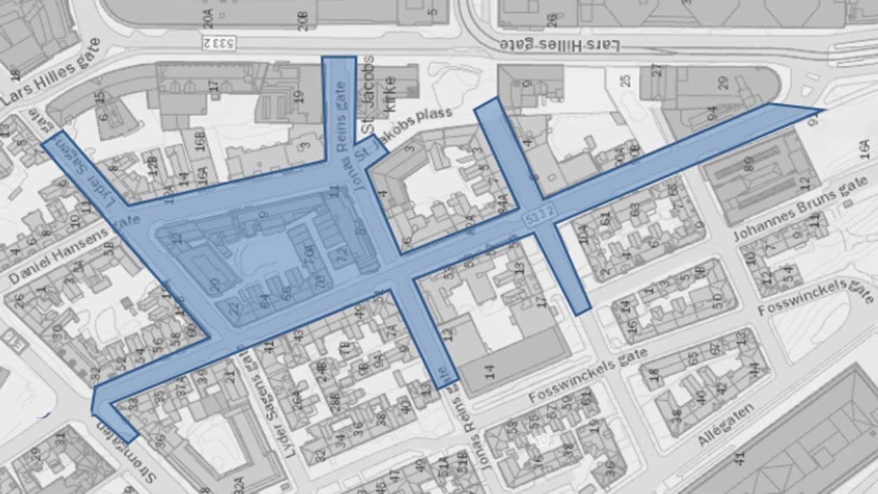 Kartet viser hvilke gater som er berørte av prosjektet. 